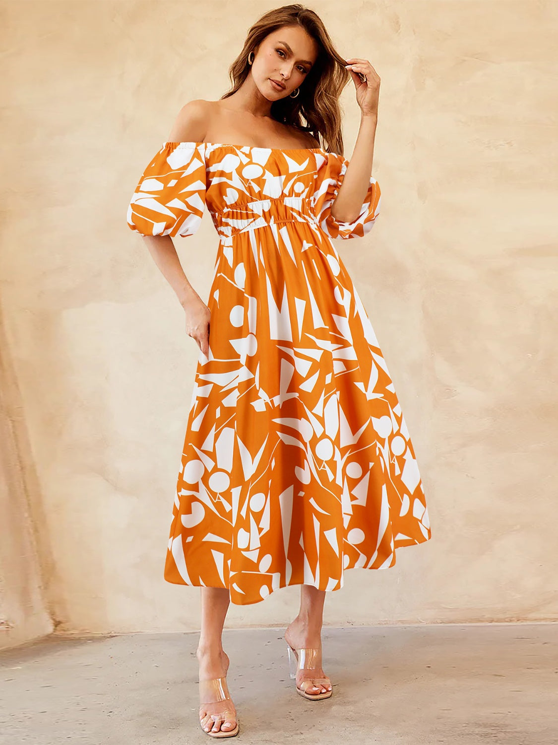 Printed Off Shoulder Balloon Sleeve Dress Crescent Moon Collective